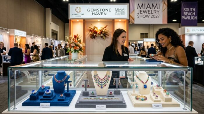 Colorful gemstone jewelry collection exhibited at the Miami Jewelry Show 2027