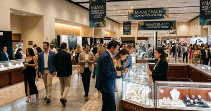 Visitors browsing luxury jewelry displays at the Miami Jewelry and Watch Show 2027 inside the Miami Beach Convention Center