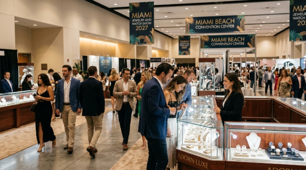 Visitors browsing luxury jewelry displays at the Miami Jewelry and Watch Show 2027 inside the Miami Beach Convention Center