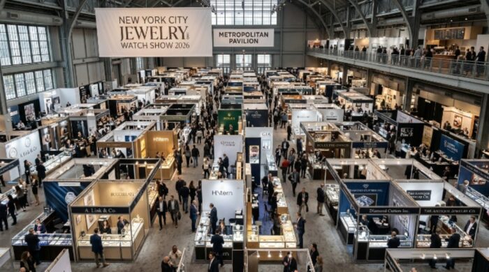 Show floor overview of the New York City Jewelry and Watch Show 2026 at Metropolitan Pavilion with exhibitor booths