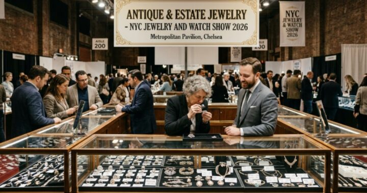 Antique and estate jewelry display at the NYC Jewelry and Watch Show 2026, Metropolitan Pavilion, Chelsea Manhattan