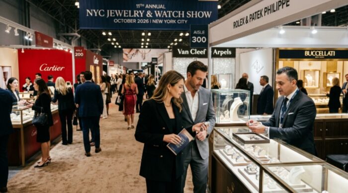 Visitors browsing luxury watches and fine jewelry booths at the 11th Annual NYC Jewelry and Watch Show, October 2026