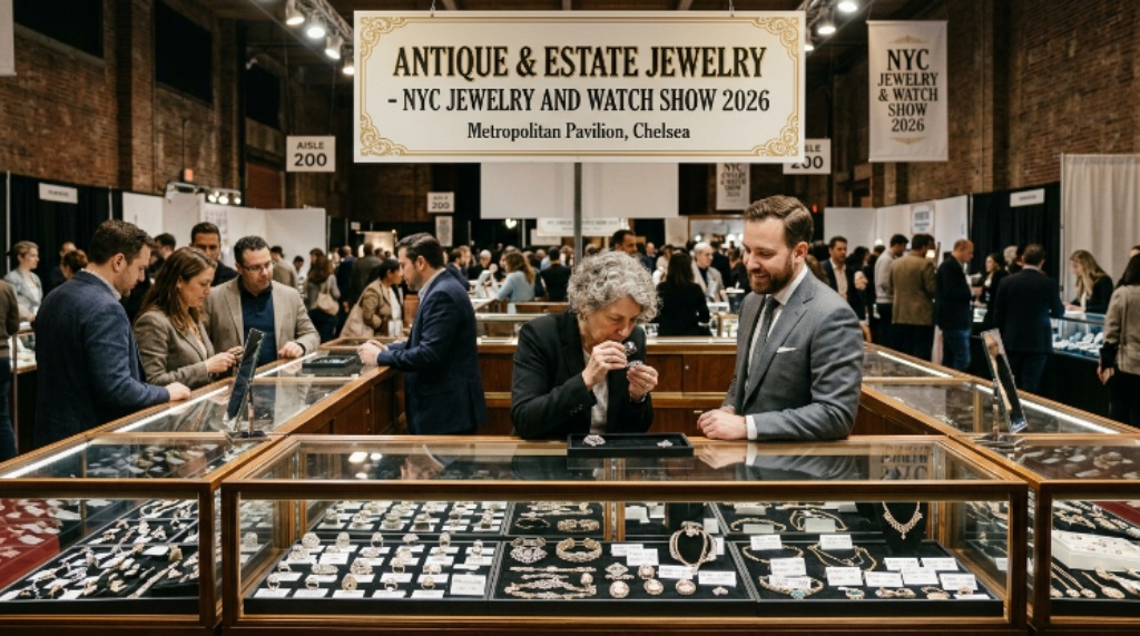 Antique and estate jewelry display at the NYC Jewelry and Watch Show 2026, Metropolitan Pavilion, Chelsea Manhattan
