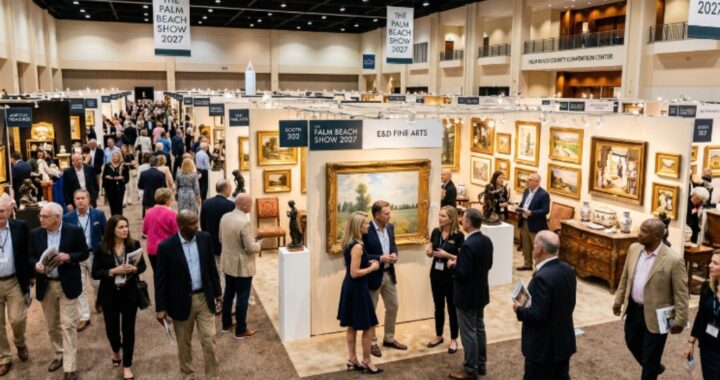 Visitors exploring fine art and antique collections at the Palm Beach Show 2027 inside the Palm Beach County Convention Center