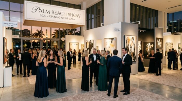 Elegant opening night gala at the Palm Beach Show 2027 featuring art dealers and collectors in West Palm Beach Florida