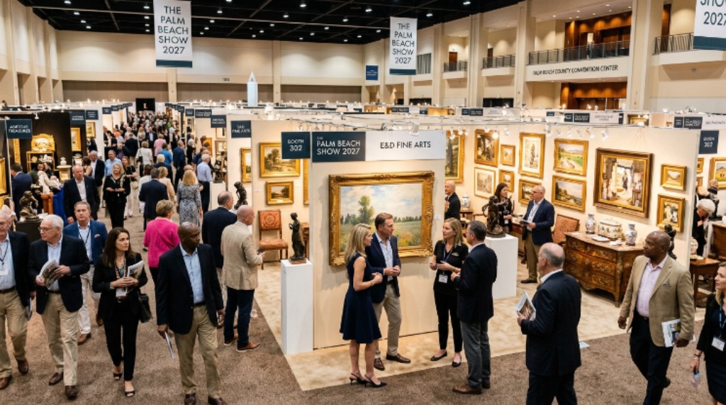 Visitors exploring fine art and antique collections at the Palm Beach Show 2027 inside the Palm Beach County Convention Center