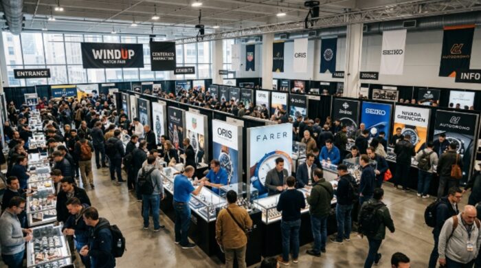 A busy watch fair hall at Center415 Manhattan with attendees exploring brand booths and exhibits during the Windup Watch Fair weekend