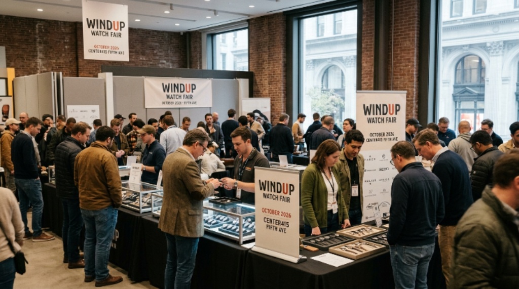 Visitors browsing watch displays at the Windup Watch Fair inside Center415 on Fifth Avenue in New York City, October 2026